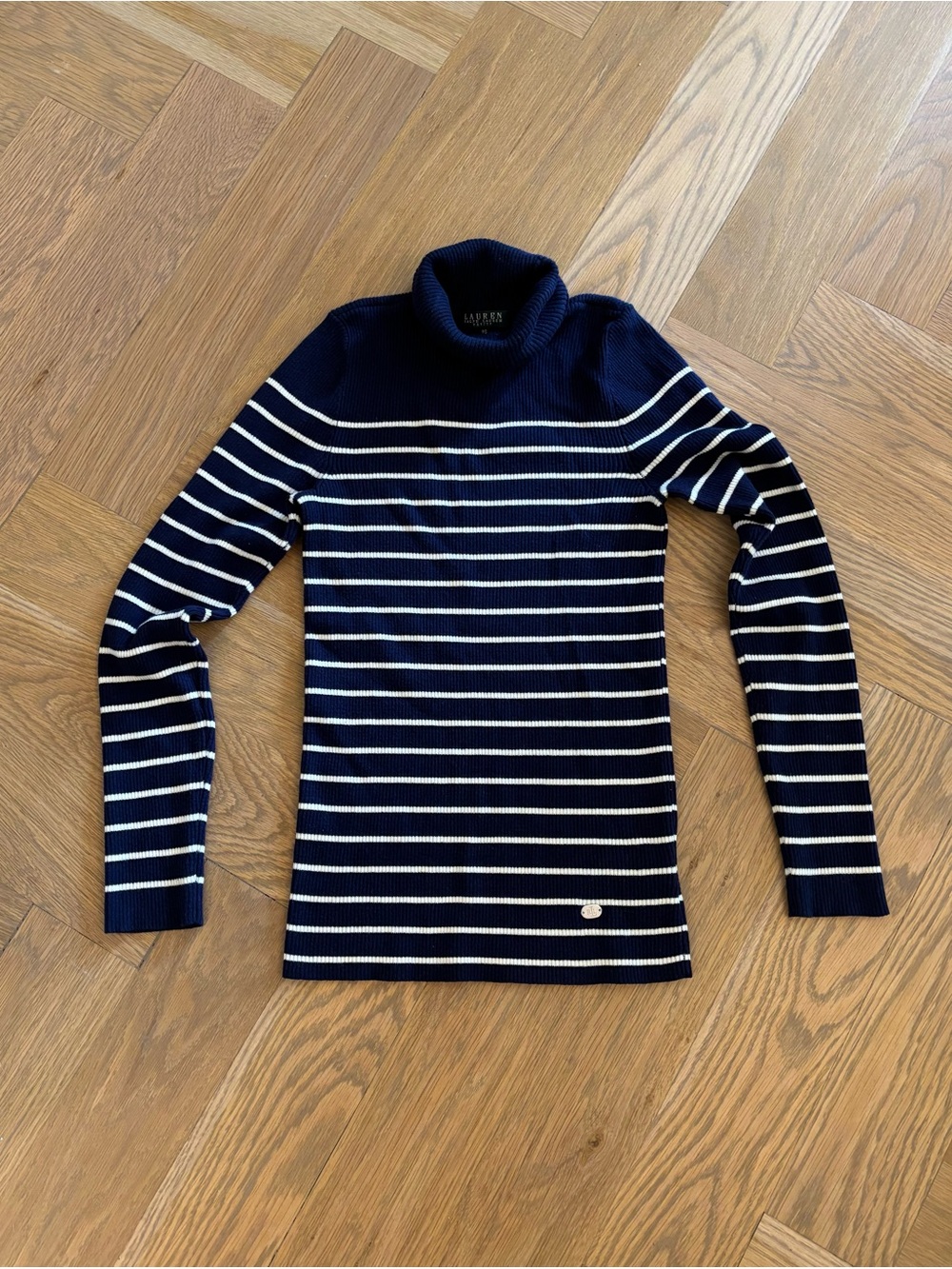 Lauren by Ralph Lauren Navy Ribbed Turtleneck Sweater with Cream Stripes
